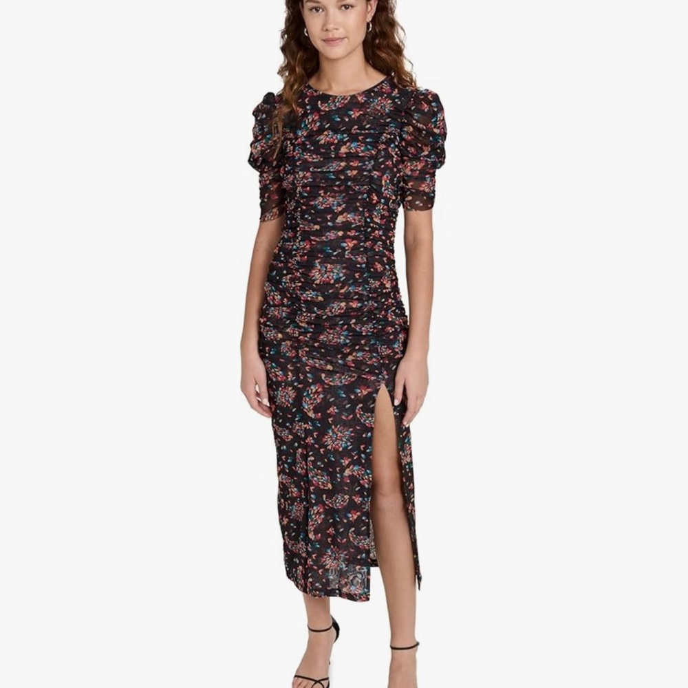 Free People Black Ruched Sheath Dress with Puff Sleeves